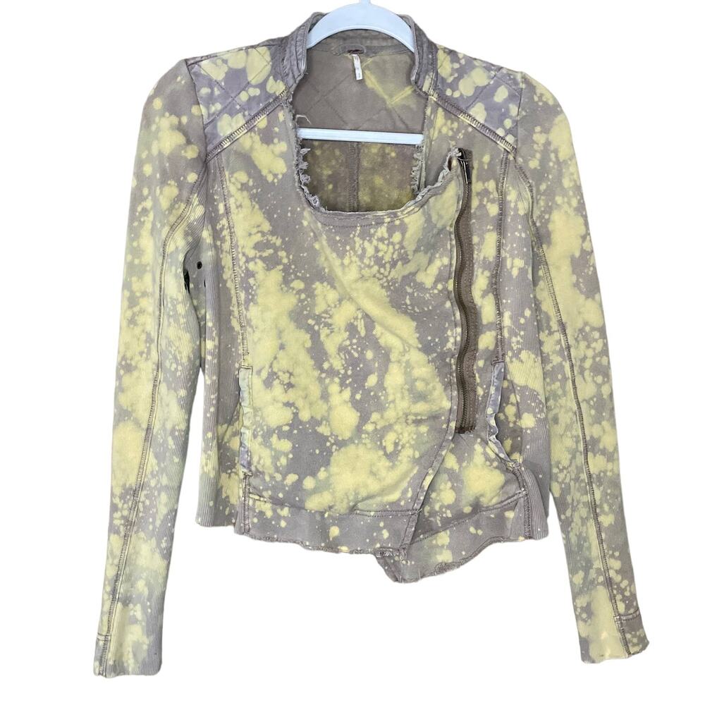 Free People Shrunken Moto Jacket Cropped Taupe Bleach Splatter SZ Small